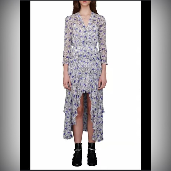 Maje Blue and Black Floral High Low Dress Size 42 - Picture 1 of 7